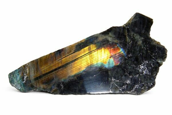 A piece of spectrolite from Finland showing a wider range of color than seen in most Labradorite.